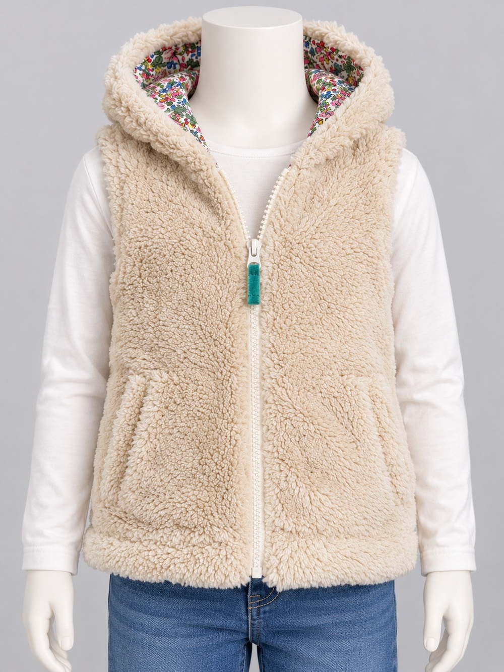 Mini Boden Girls 6-7 Sherpa Hooded Vest Floral Lining Cream